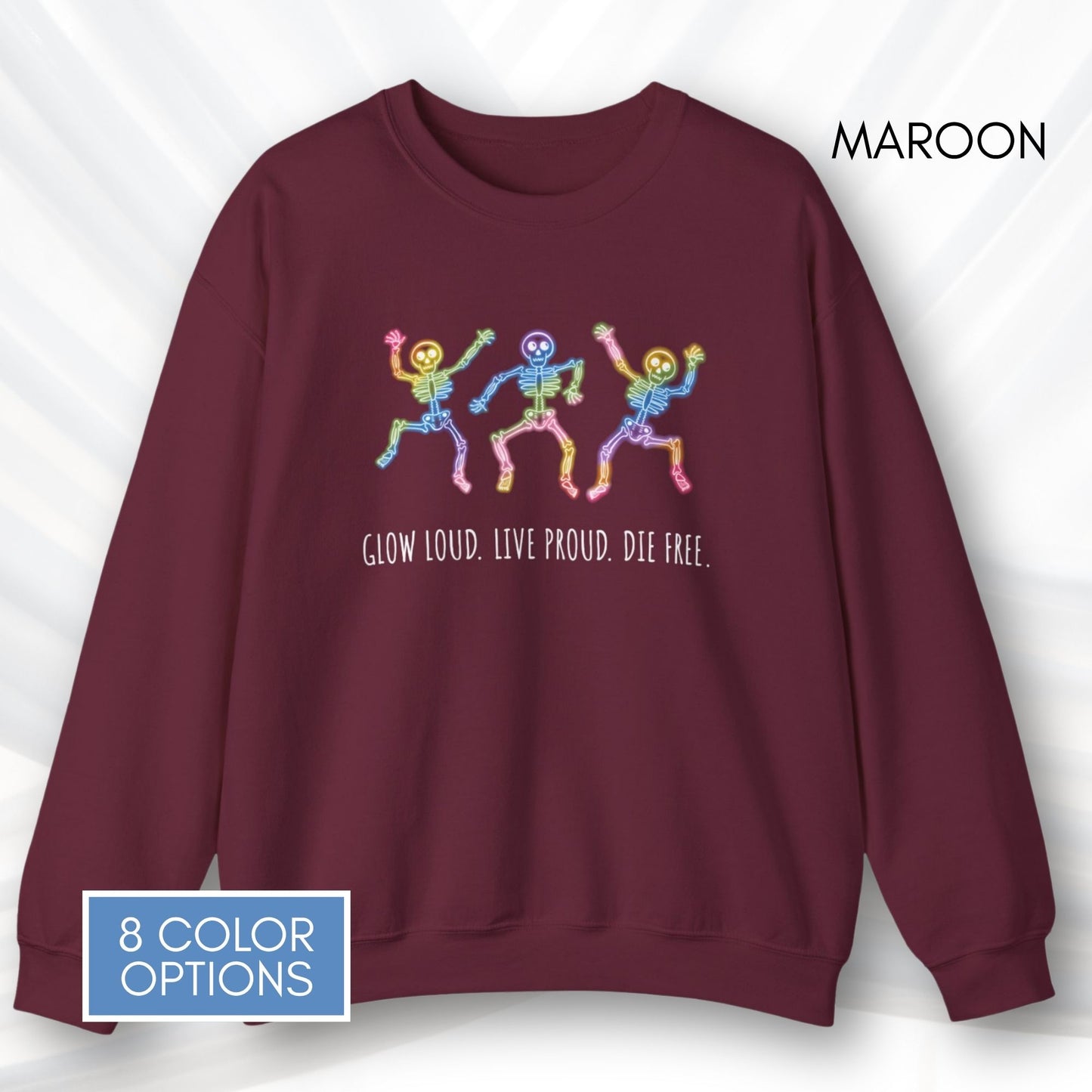 dancing-rainbow-skeletons-unisex-crewneck-halloween-lgbtq-activism-sweatshirt-hand-drawn-art-maroon