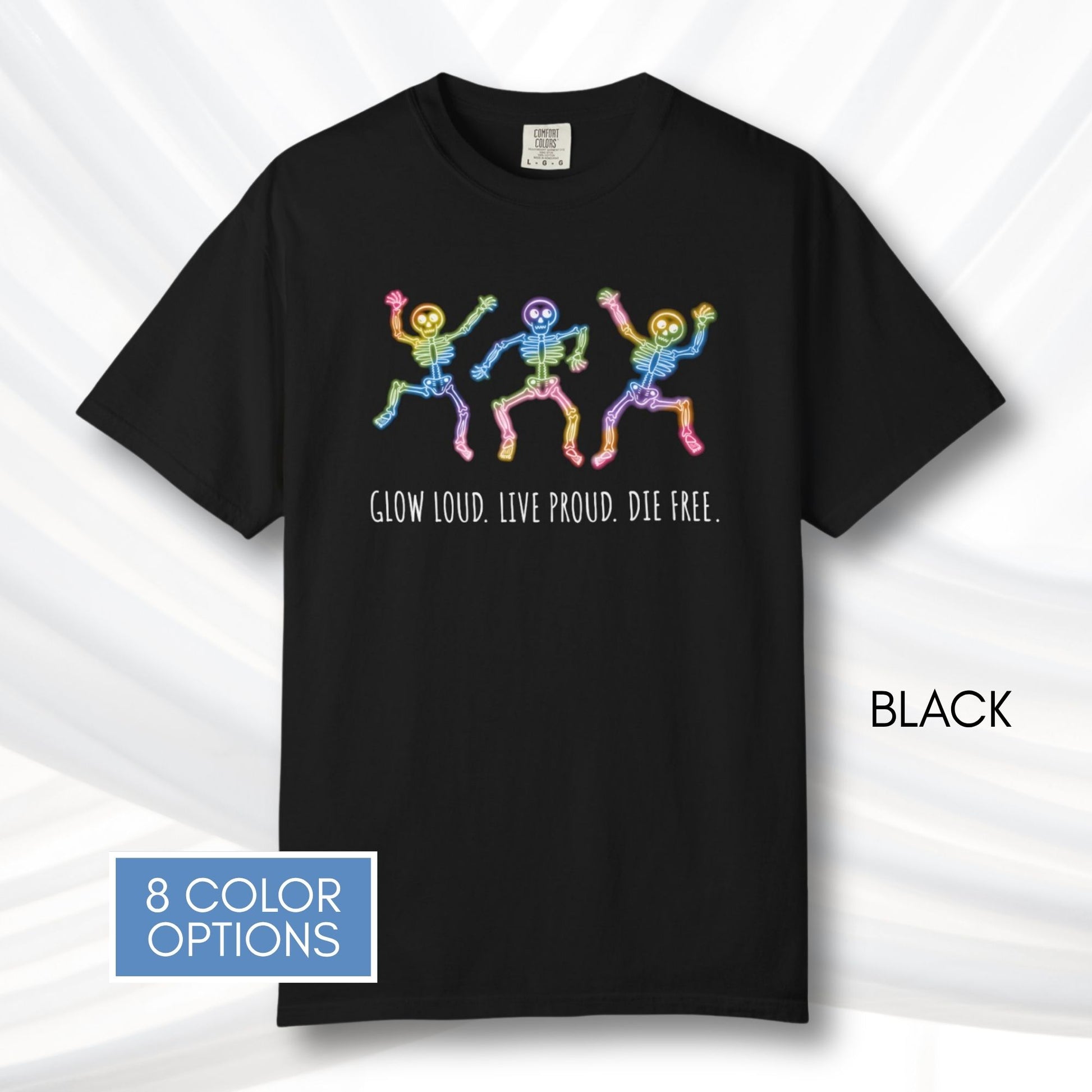 dancing-rainbow-skeletons-unisex-tshirt-halloween-lgbtq-queer-activism-graphic-tee-black