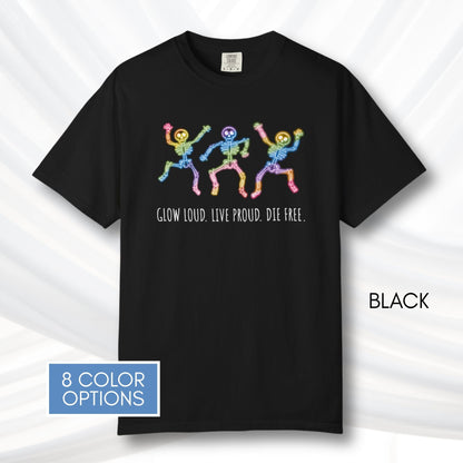 dancing-rainbow-skeletons-unisex-tshirt-halloween-lgbtq-queer-activism-graphic-tee-black