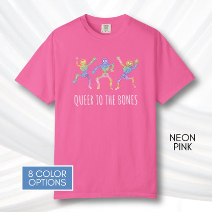 dancing-rainbow-skeletons-unisex-tshirt-halloween-lgbtq-queer-activism-graphic-tee-neon-pink