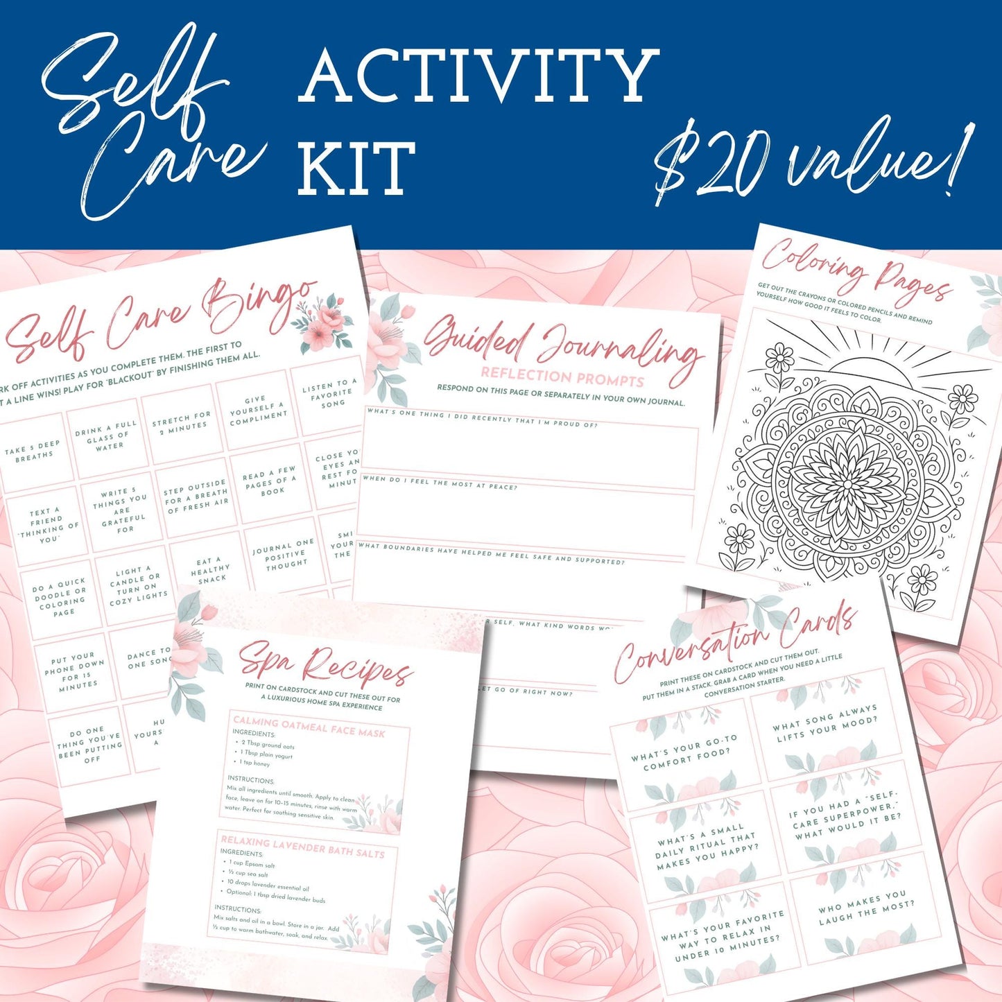 Self-Care Party Activity Kit | Printable Wellness Games, Guides, & Spa Recipes (Digital Download, PDF)