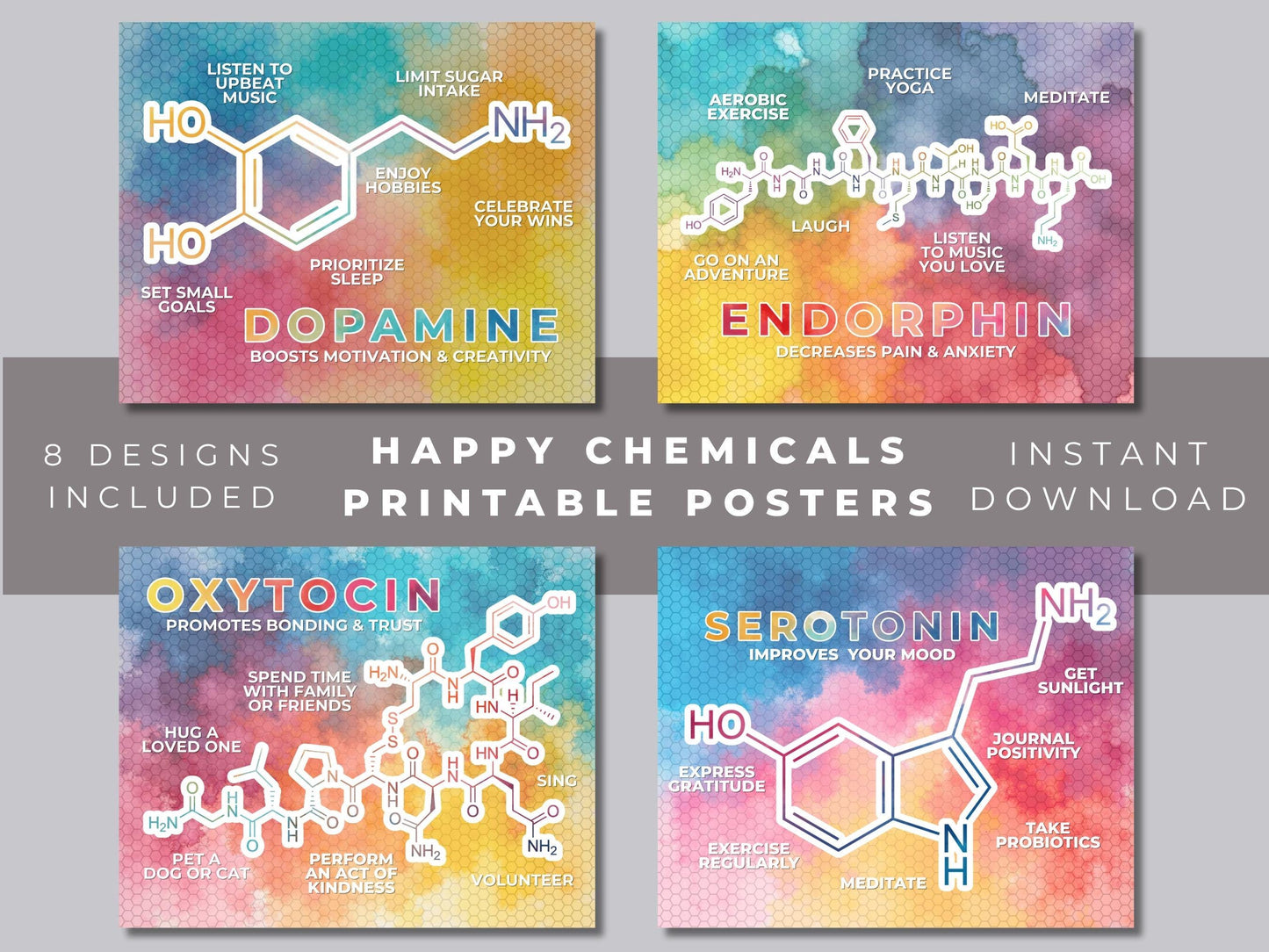 Happy Chemicals Printable Posters | Mental Health Chemistry Wall Art (Digital Download)