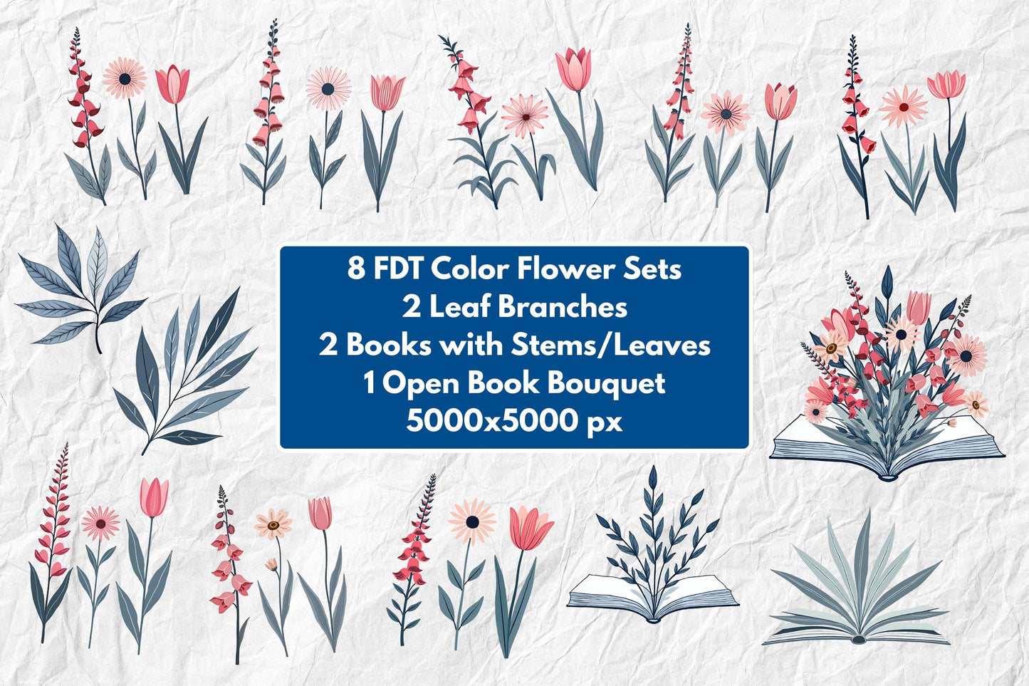 Subtle FDT Flowers & Book Clipart Set | Foxglove Daisy Tulip Watercolor Floral Bundle (Digital Download)