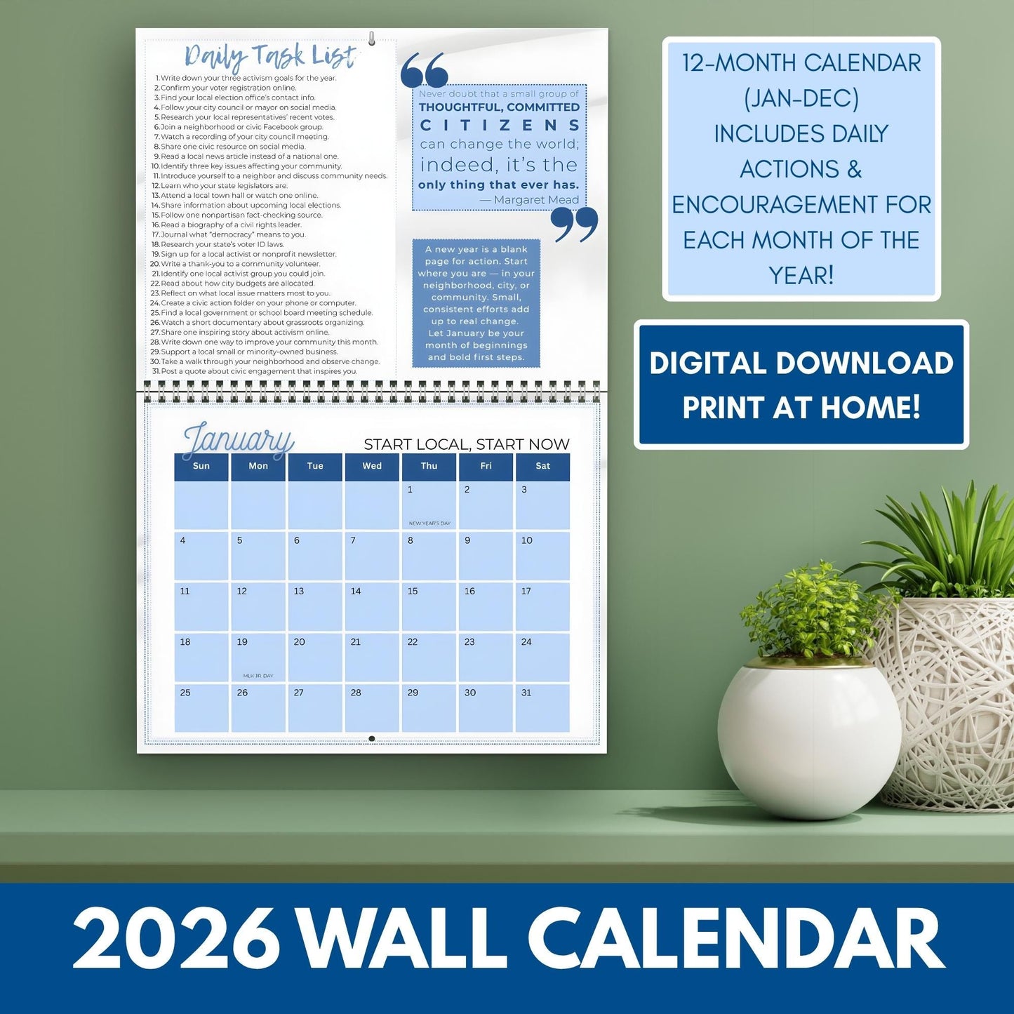 Political Activism 2026 Wall Calendar | 365 Days of Action (8.5x11 PDF, Digital Download)
