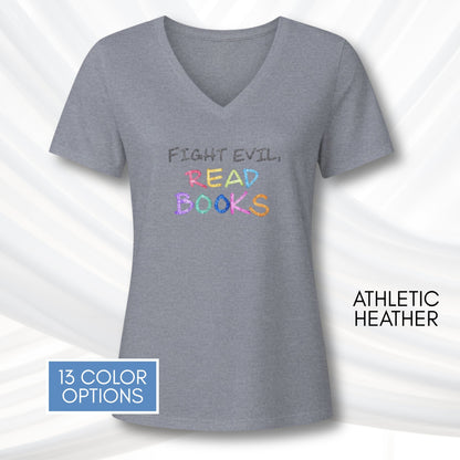 fight-evil-read-books-ladies-v-neck-tshirt-colorful-literacy-graphic-tee-bookish-apparel-bibliophile-teacher-gift-athletic-heather