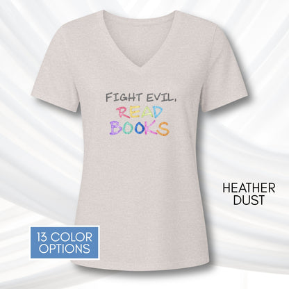 fight-evil-read-books-ladies-v-neck-tshirt-colorful-literacy-graphic-tee-bookish-apparel-bibliophile-teacher-gift-heather-dust