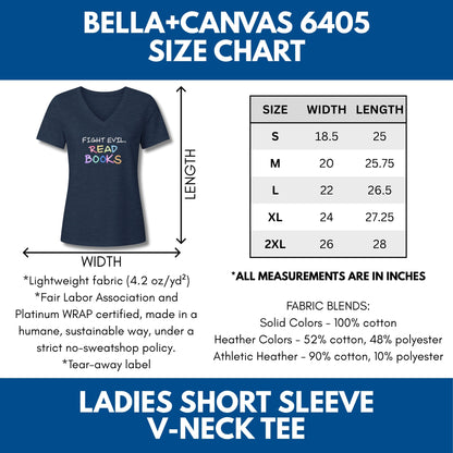 fight-evil-read-books-ladies-v-neck-tshirt-colorful-literacy-graphic-tee-bookish-apparel-bibliophile-teacher-gift-size-chart