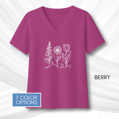 foxglove-daisy-tulip-ladies-bella-canvas-vneck-tshirt-womens-fit-subtle-fdt-flowers-tee-berry