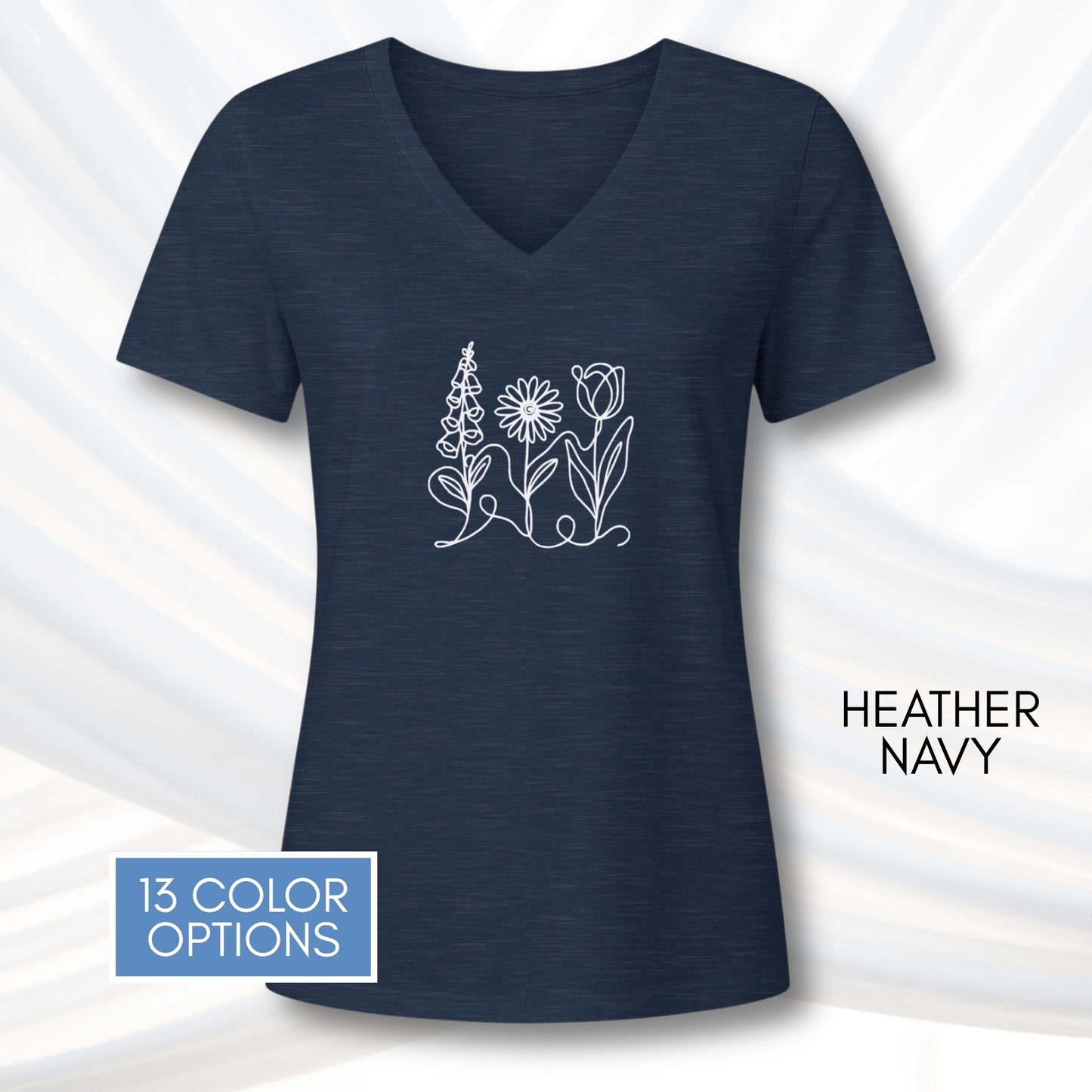 foxglove-daisy-tulip-ladies-bella-canvas-vneck-tshirt-womens-fit-subtle-fdt-flowers-tee-heather-navy