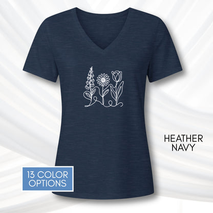 foxglove-daisy-tulip-ladies-bella-canvas-vneck-tshirt-womens-fit-subtle-fdt-flowers-tee-heather-navy