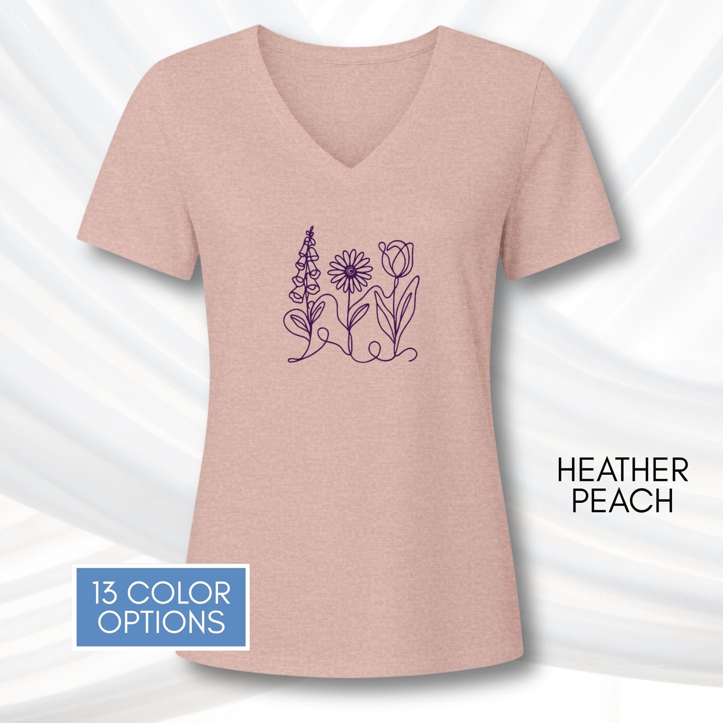 foxglove-daisy-tulip-ladies-bella-canvas-vneck-tshirt-womens-fit-subtle-fdt-flowers-tee-heather-peach