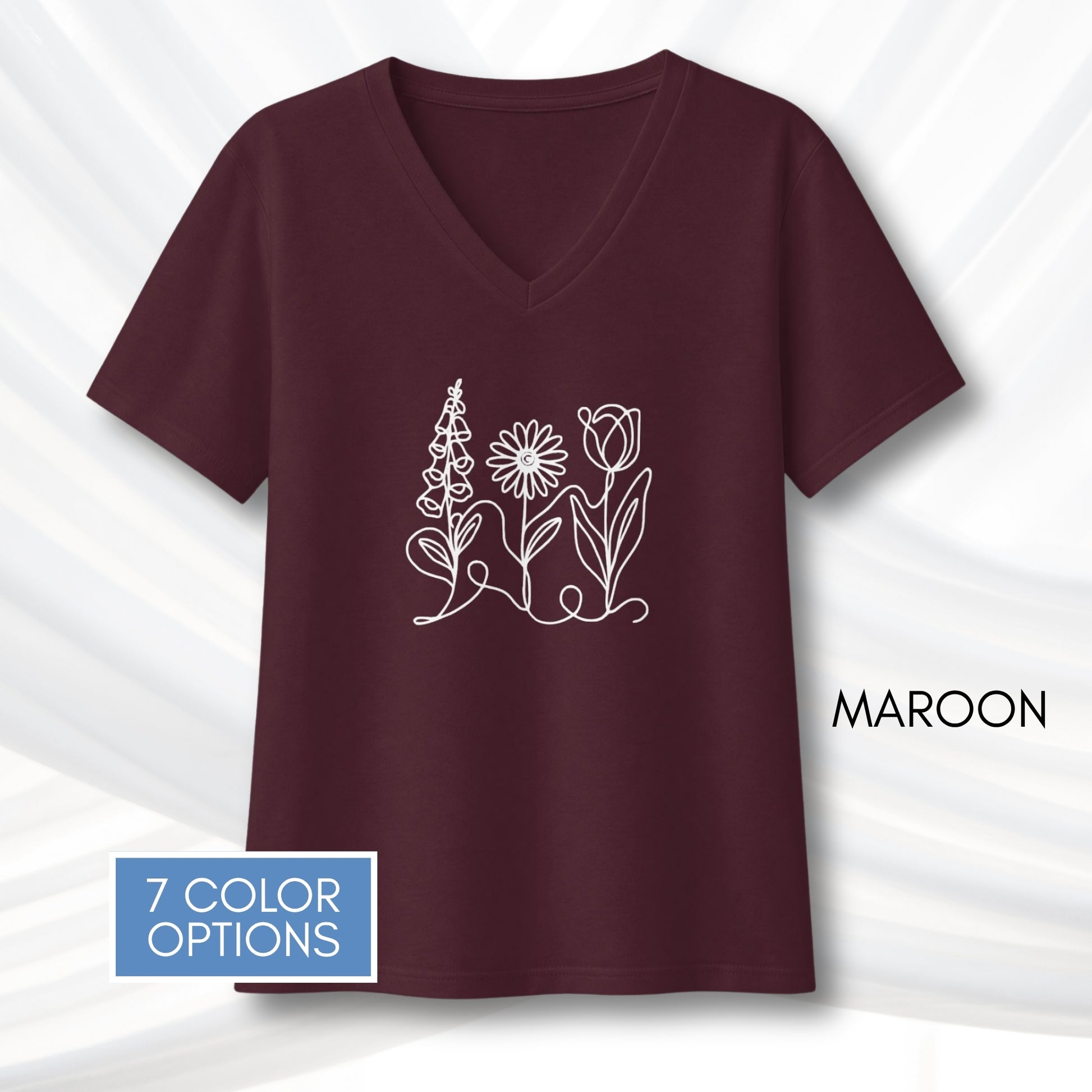 foxglove-daisy-tulip-ladies-bella-canvas-vneck-tshirt-womens-fit-subtle-fdt-flowers-tee-maroon