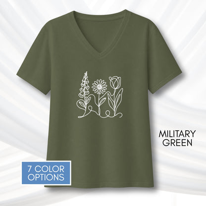 foxglove-daisy-tulip-ladies-bella-canvas-vneck-tshirt-womens-fit-subtle-fdt-flowers-tee-military-green
