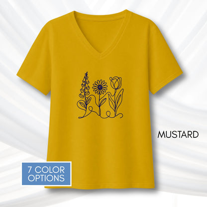 foxglove-daisy-tulip-ladies-bella-canvas-vneck-tshirt-womens-fit-subtle-fdt-flowers-tee-mustard