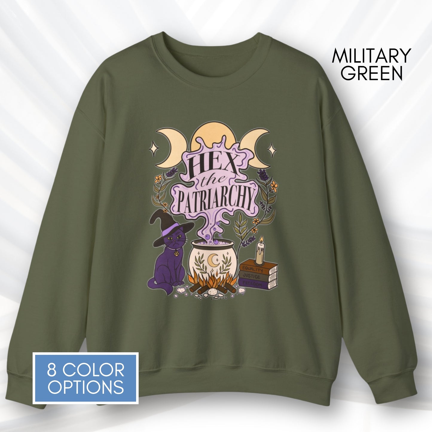 hex-the-patriarchy-witchy-feminist-sweatshirt-halloween-activism-crewneck-sweater-hand-drawn-art-military-green