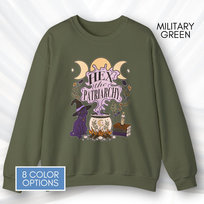 hex-the-patriarchy-witchy-feminist-sweatshirt-halloween-activism-crewneck-sweater-hand-drawn-art-military-green