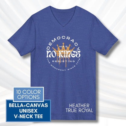 no-kings-protest-v-neck-unisex-tshirt-patriotic-activist-apparel-democratic-activism-rally-graphic-tee-heather-true-royal
