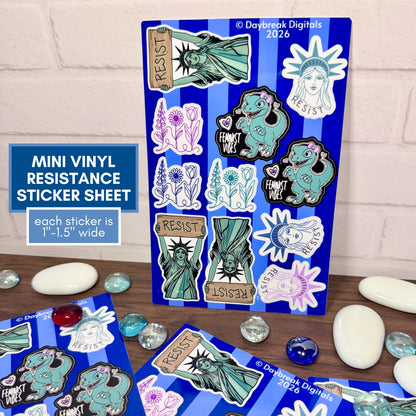 resistance-mini-vinyl-sticker-sheet-statue-of-liberty-feminist-raptor-foxglove-daisy-tulip-fdt-indoor-outdoor-decal