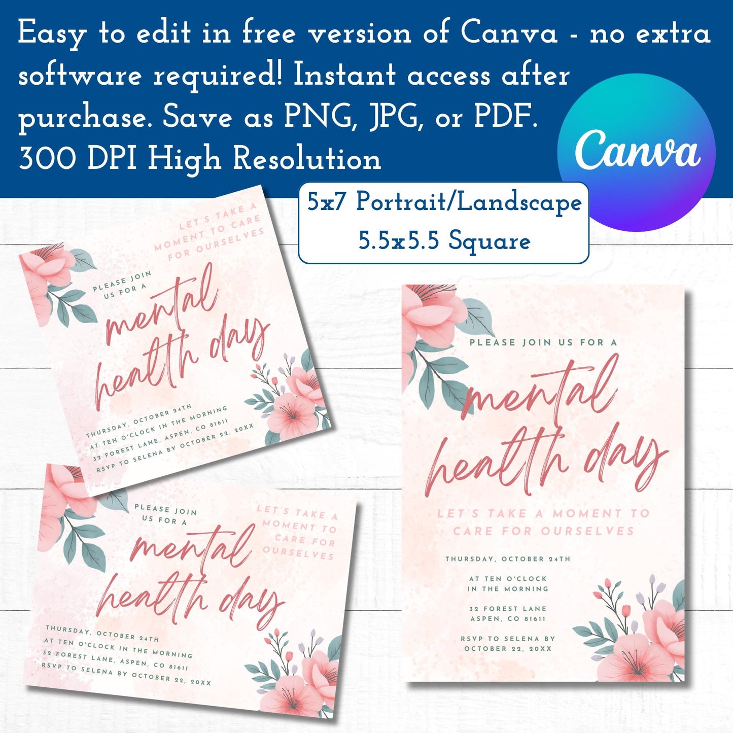 self-care-deluxe-party-kit-printable-mental-health-day-invites-decor-activities-canva-template-diy-party-planning