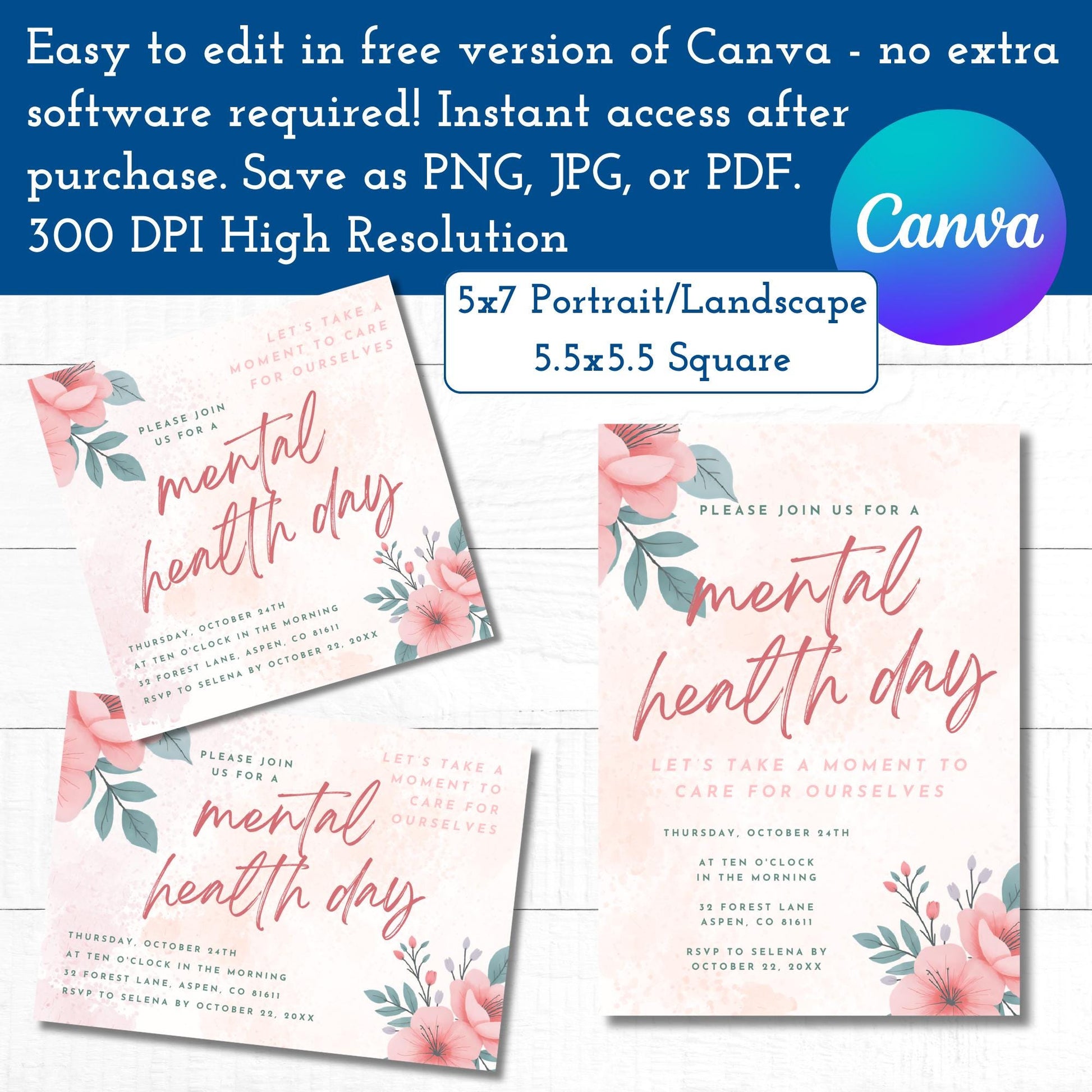 self-care-deluxe-party-kit-printable-mental-health-day-invites-decor-activities-canva-template-diy-party-planning